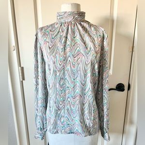 Vintage pastel Notations Retro Wave Print Mock Neck Blouse